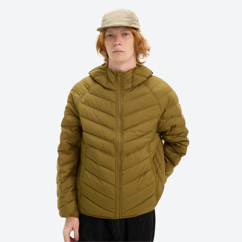 Warm reversible goose down jacket with hood - olive yellow 90 goose down reversible jacket on men with bucket hat