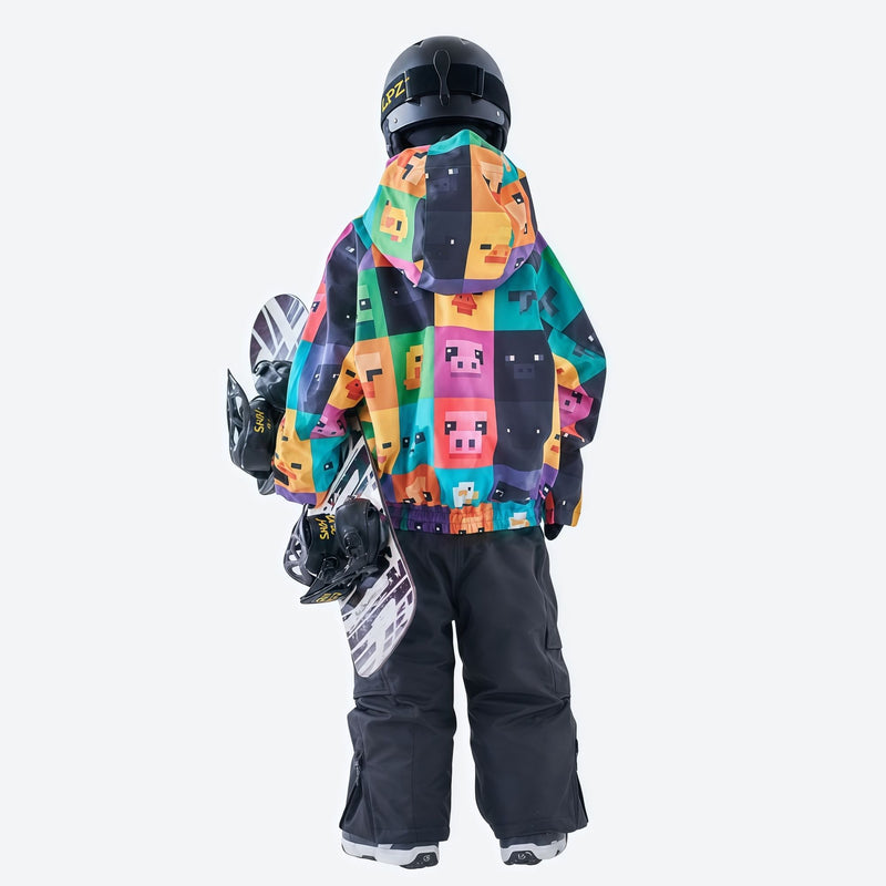 Kids print snowboard jacket with snow pants - purple panel print kids jacket with black pants