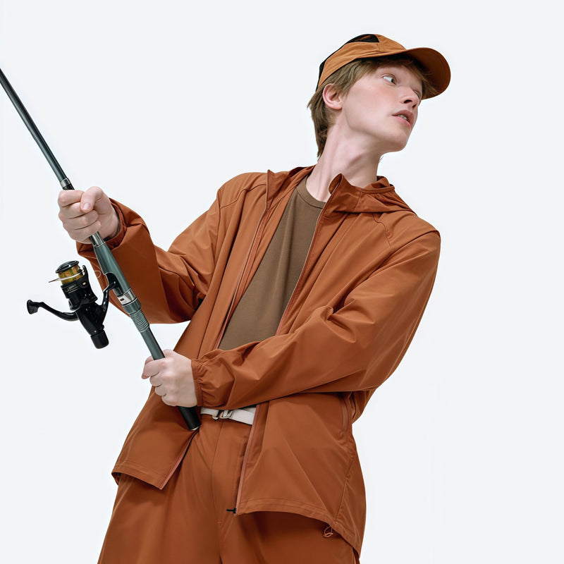 Coolmax sun jacket UPF50 with hood - orange brown coolmax sun jacket on men with cap, for fishing and water days