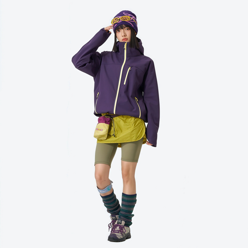 Breathable windproof softshell ski jacket with grid fleece - purple softshell jacket, for resort and street wear