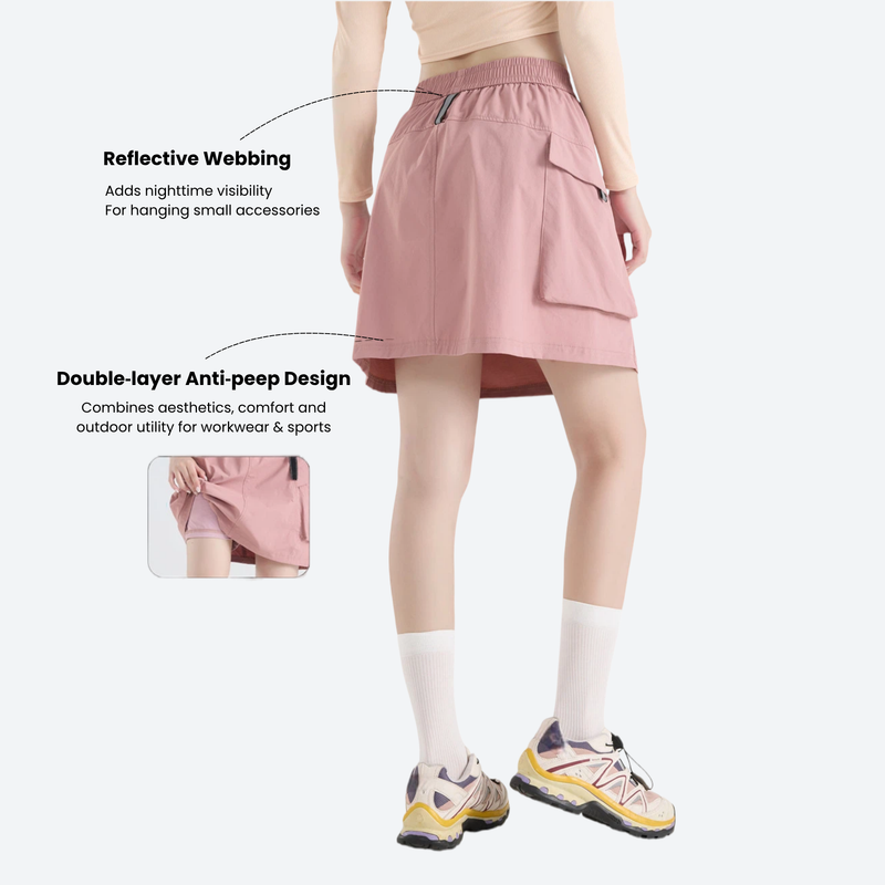 Women's cargo skort with built-in shorts - pink cargo skort with built-in shorts, for travel and city walks