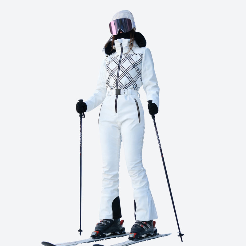 Women's breathable 3-layer jumpsuit with fur-trim hood - white check one-piece snow suit, for cold-weather winter sports
