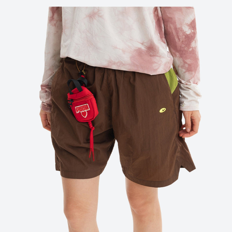 Lightweight trail shorts with back pocket - brown water-repellent shorts with tie-dye top, for warm-weather trekking