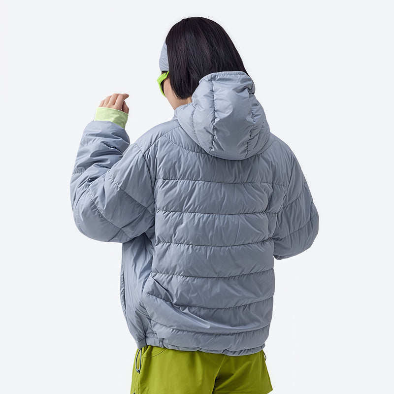 Waterproof duck down hooded jacket - light gray waterproof duck down hooded jacket on women with headband and sunglasses