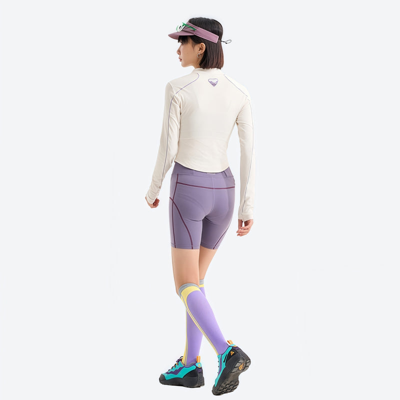 Women's fitted quick-dry breathable tee - cream white half-zip long sleeve tee on women with cap, for travel and city walks