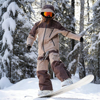 
                  
                    Breathable 3-layer ski jacket and pants set - coffee brown and tan colorblock suit, for cold-weather winter sports
                  
                