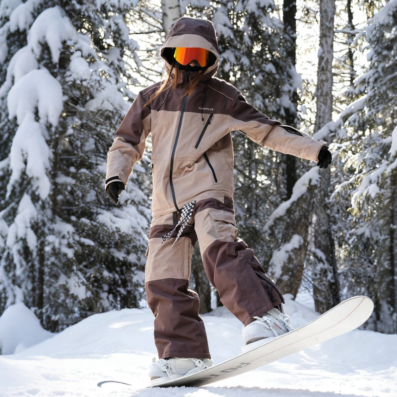 Breathable 3-layer ski jacket and pants set - coffee brown and tan colorblock suit, for cold-weather winter sports