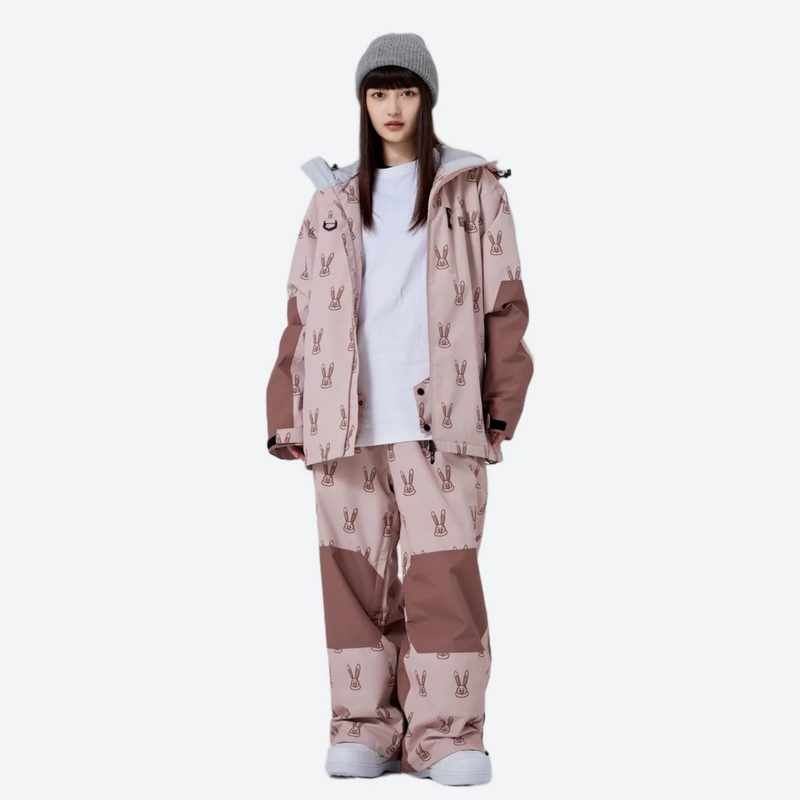 Women's 2-layer snowboard jacket and pants - pink brown rabbit print jacket with matching pants, front view with open jacket