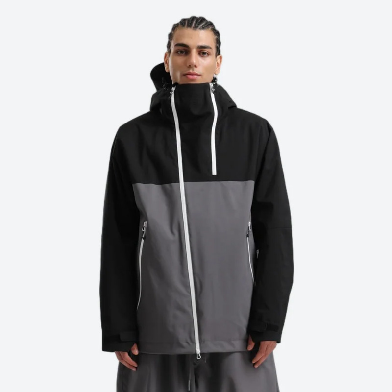 Men's colorblock ski anorak set - black and gray colorblock, on-model front view, for cold-weather winter sports