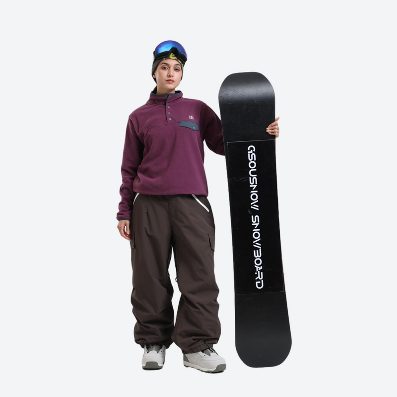 Waterproof 3L cargo snow pants - coffee brown snow pants with purple pullover, for powder days and winter commute