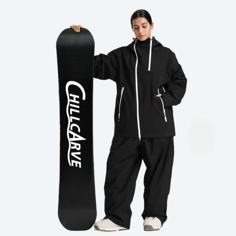 Women's colorblock ski jacket set - black jacket with black pants, for powder days and winter commute