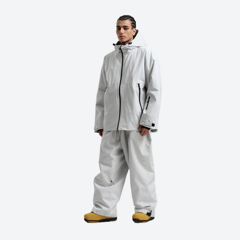 Men's breathable ski jacket with wide-leg pants - light gray jacket with light gray pants, for resort and street wear