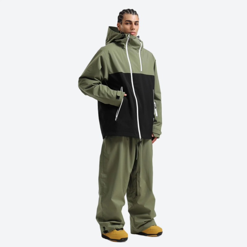 Men's breathable 2L snowboard jacket and pants - olive green and black colorblock, for resort and street wear