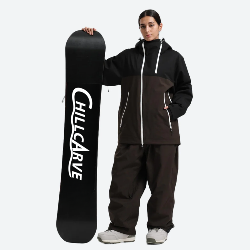 Women's colorblock ski jacket set - black and coffee brown colorblock jacket with coffee pants, high storm collar blocks wind