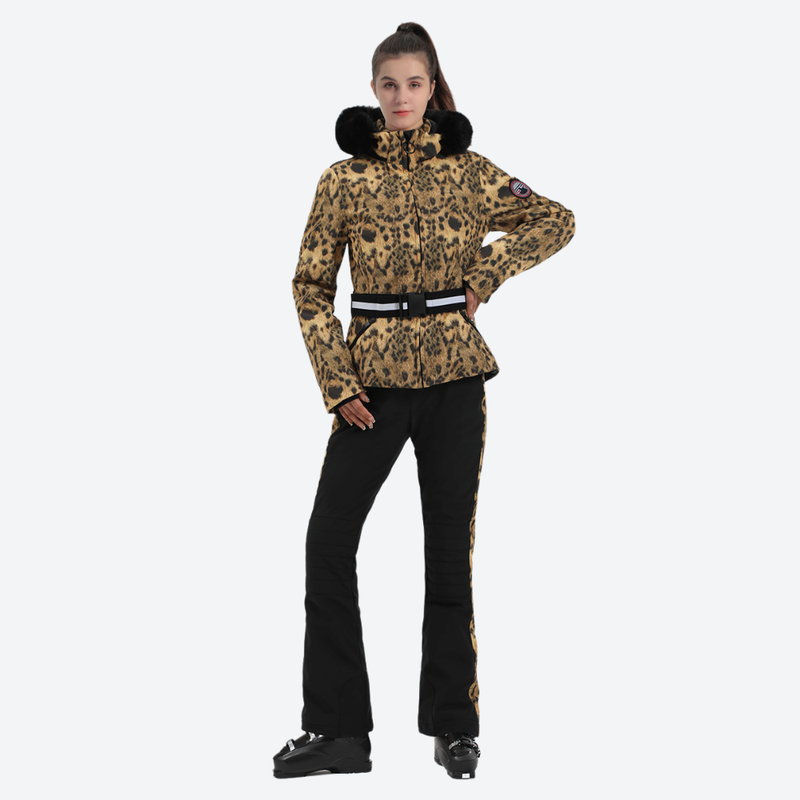Women's slim ski jacket with belt and fur hood - gold paisley slim fit ski jacket with fur collar, for resort ski days