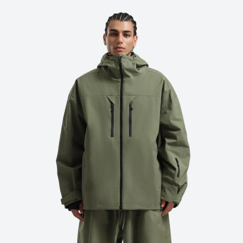 Men's 2-layer snowboard jacket and wide-leg pants - olive green jacket, on-model front view, for resort and street wear