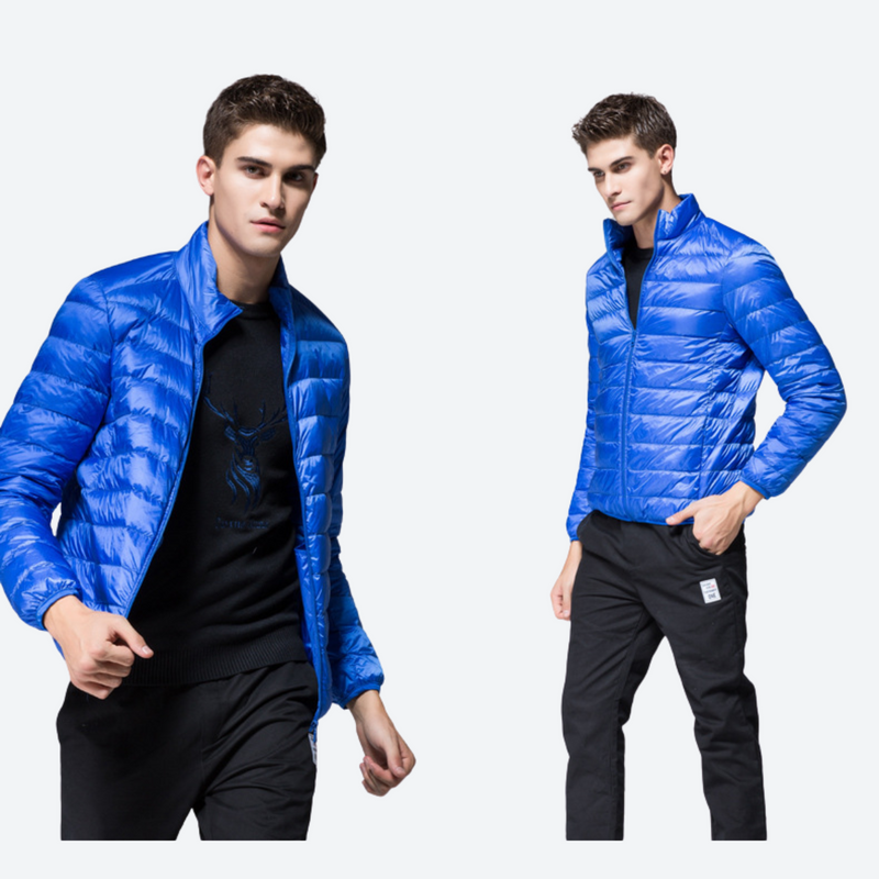Men's packable windproof down jacket with stuff sack - blue ultra-light down jacket on men, for hiking and trail walking
