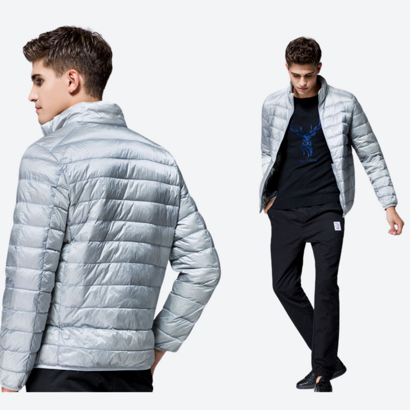 Men's ultra-light compact down mid-layer jacket - light gray ultra-light down jacket on men, for hiking and trail walking