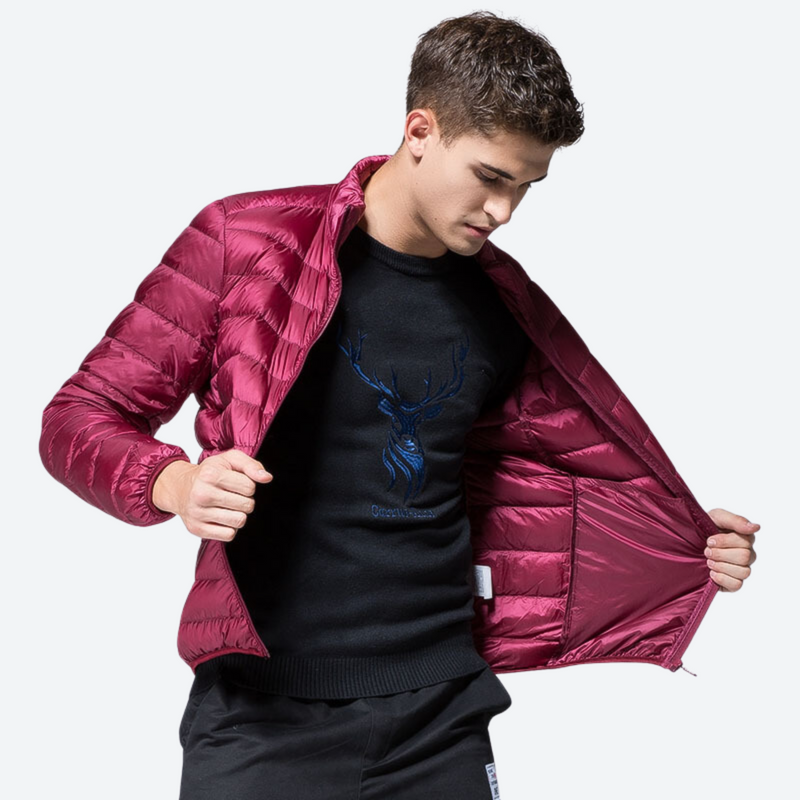 Men's ultra-light compact down mid-layer jacket - magenta ultra-light down jacket on men, for travel and city walks