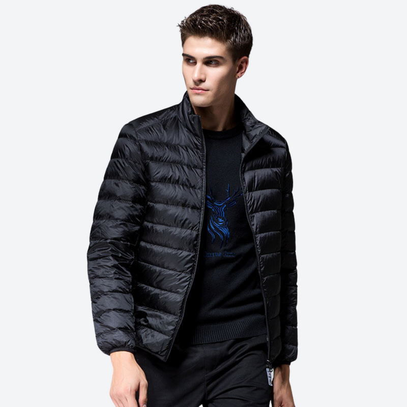 Men's packable windproof down jacket with stuff sack - black ultra-light down jacket on men, for travel and city walks