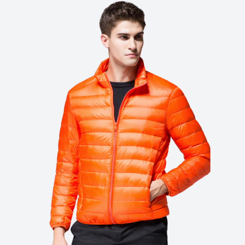 Men's packable windproof down jacket with stuff sack - orange ultra-light down jacket on men, for layering in cold weather
