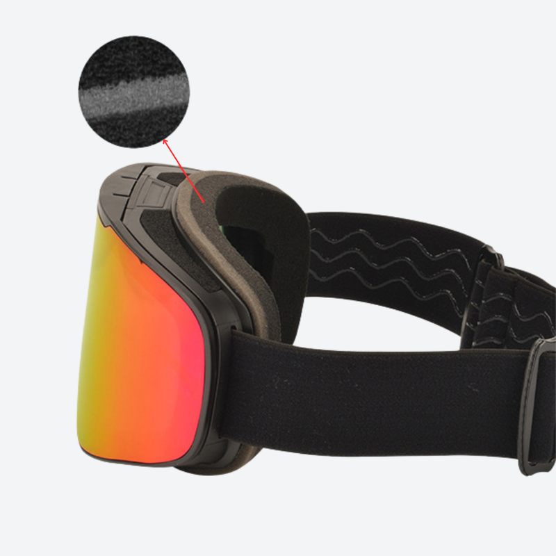 Aurora flip-up cylindrical ski goggles - flip hinge magnet detail, magnet hinge close-up, for snow sports weekends
