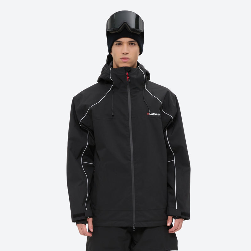 Men's reflective piping breathable ski jacket set - black jacket, on-model front view, for skiing and snowboarding