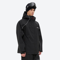 
                  
                    Men's 2-layer snowboard jacket and pants - black jacket, on-model three-quarter front view, for resort and backcountry days
                  
                