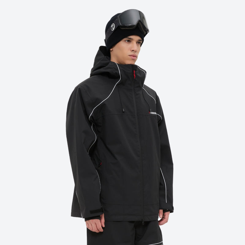 Men's 2-layer snowboard jacket and pants - black jacket, on-model three-quarter front view, for resort and backcountry days