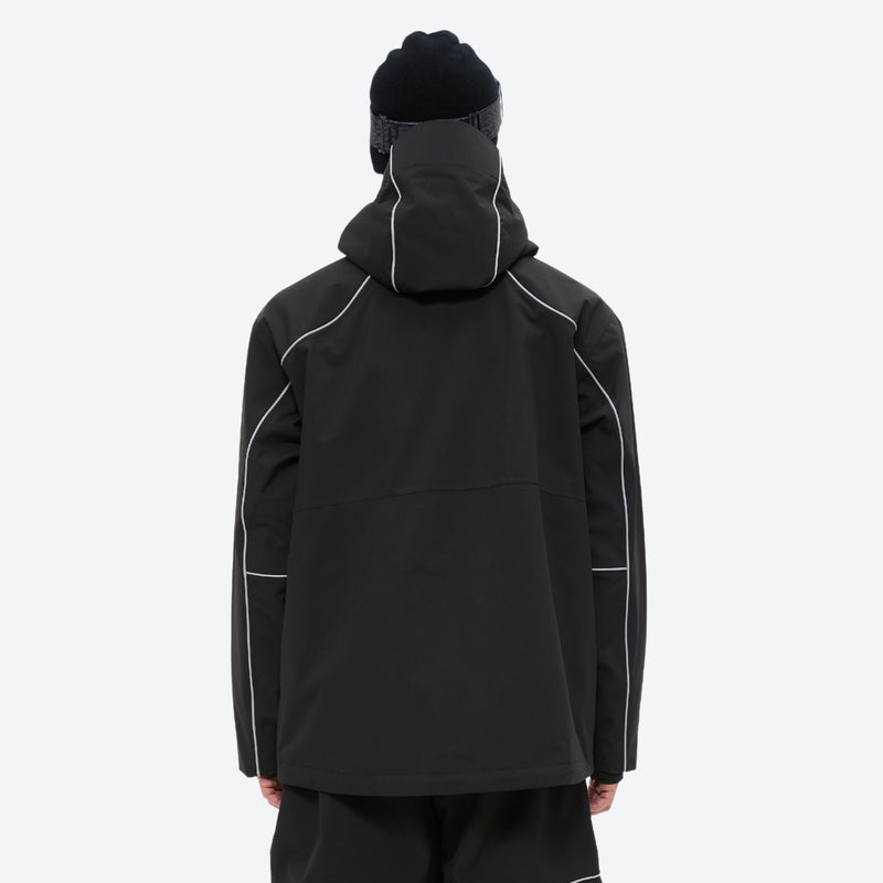 Men's reflective piping breathable ski jacket set - black jacket, on-model back view, for cold-weather winter sports