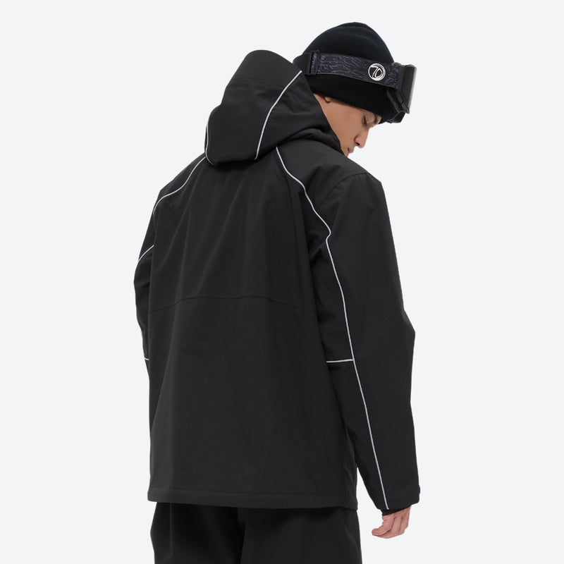 Men's 2-layer snowboard jacket and pants - black jacket, back three-quarter view, for skiing and snowboarding