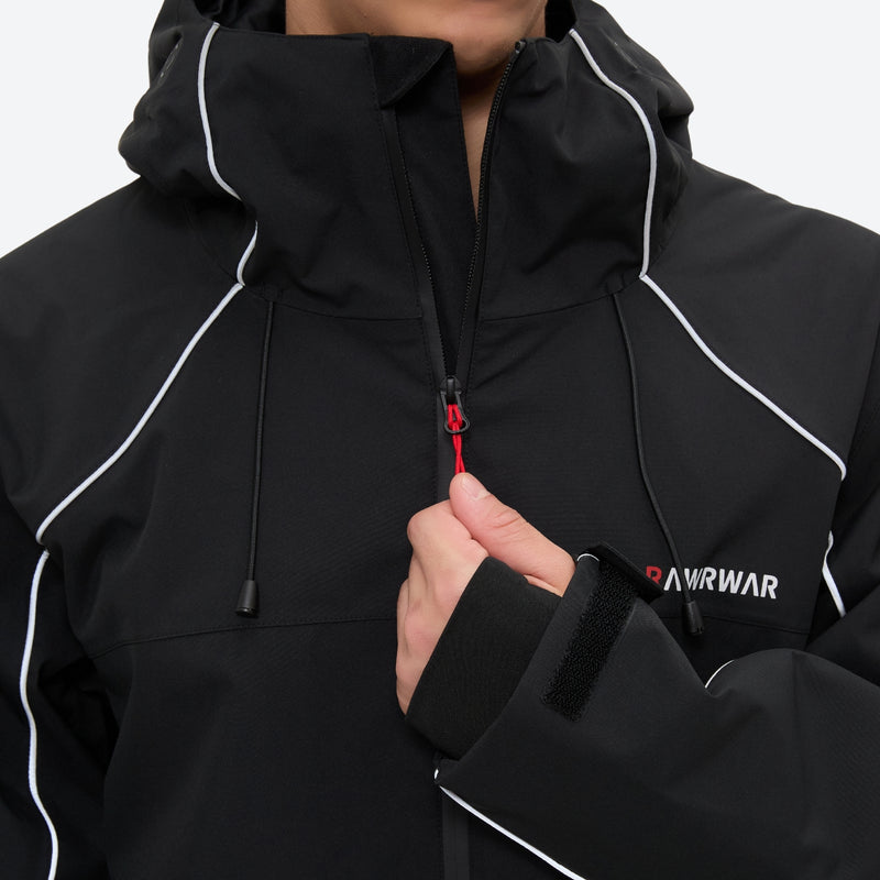 Men's waterproof 2L snow jacket and pants series - black jacket, chest zip close-up with hand, for powder and piste riding