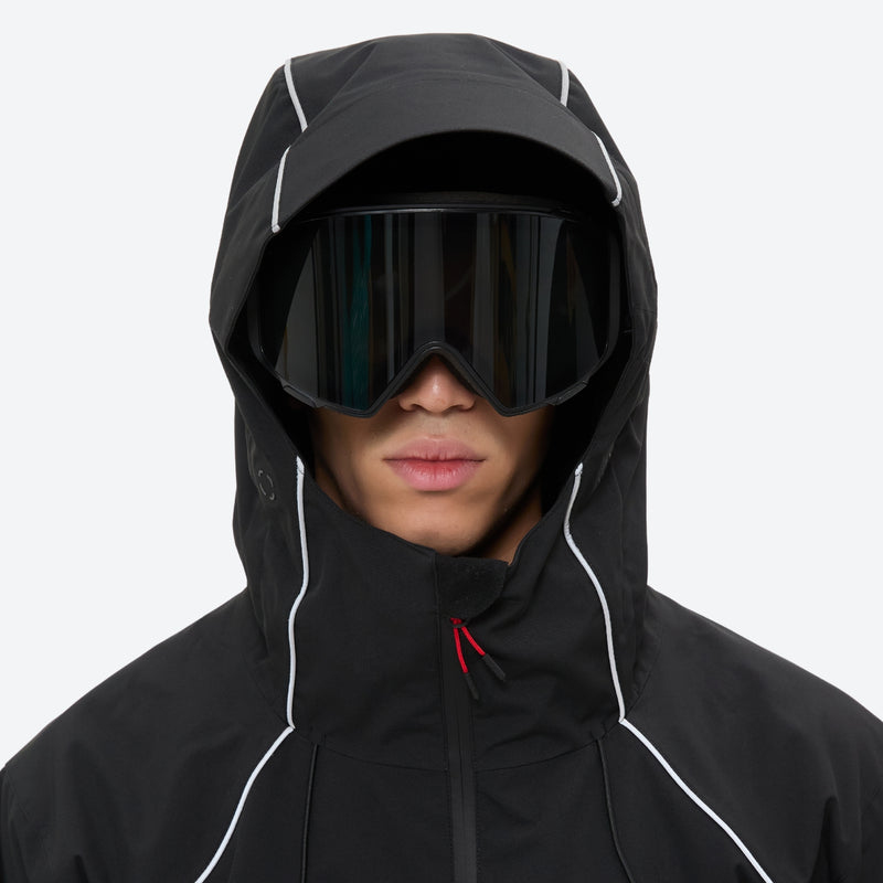 Men's reflective piping breathable ski jacket set - black jacket, for powder and piste riding