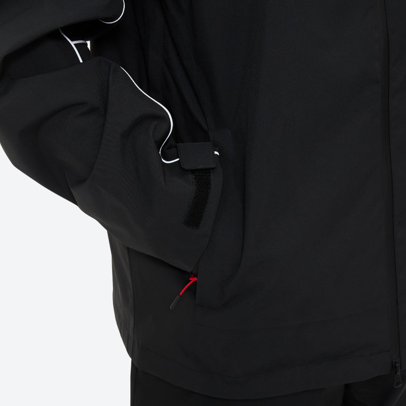 Men's reflective piping breathable ski jacket set - black jacket, cuff zip close-up detail, for skiing and snowboarding