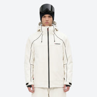 
                  
                    Men's waterproof 2L snow jacket and pants series - white jacket, on-model front view, for resort and backcountry days
                  
                