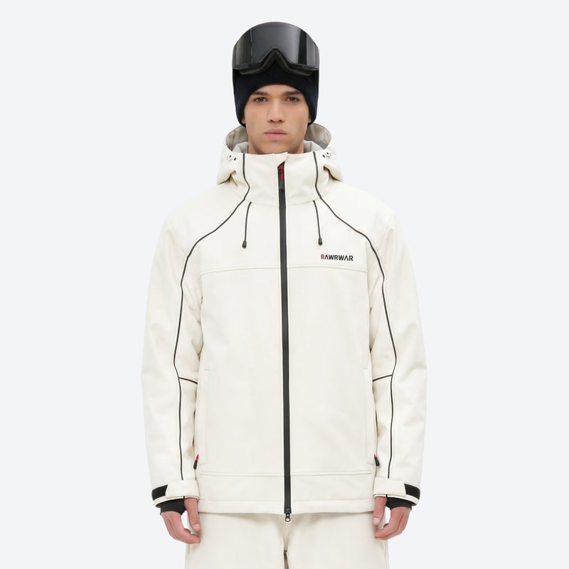 Men's waterproof 2L snow jacket and pants series - white jacket, on-model front view, for resort and backcountry days