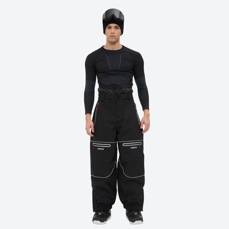 Men's reflective piping breathable ski jacket set - black snow pants with black top, for powder and piste riding