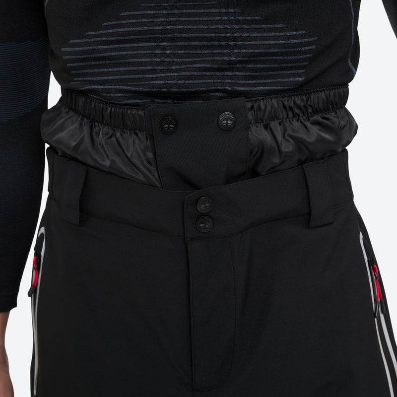 Men's 2-layer snowboard jacket and pants - black snow pants, waistband snap close-up detail, for skiing and snowboarding