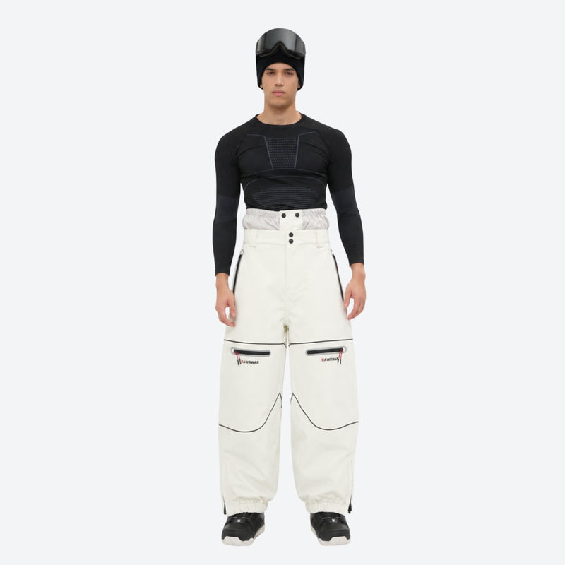 Men's reflective piping breathable ski jacket set - white snow pants with black top, for resort and backcountry days
