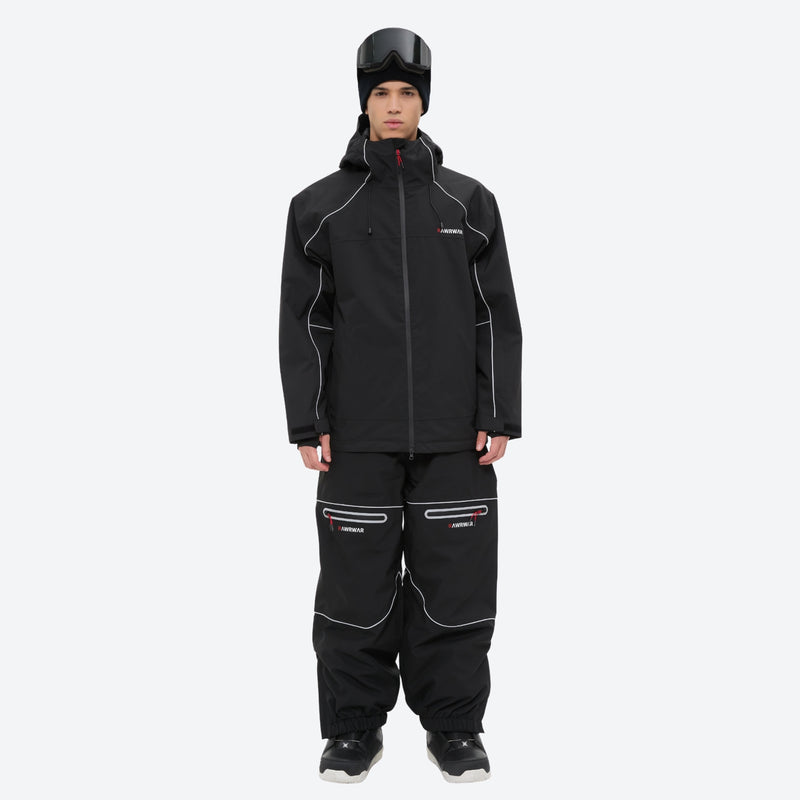 Men's reflective piping breathable ski jacket set - black jacket with black pants, for skiing and snowboarding