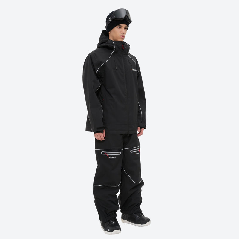 Men's 2-layer snowboard jacket and pants - black jacket with black pants, on-model side view, for resort and backcountry days