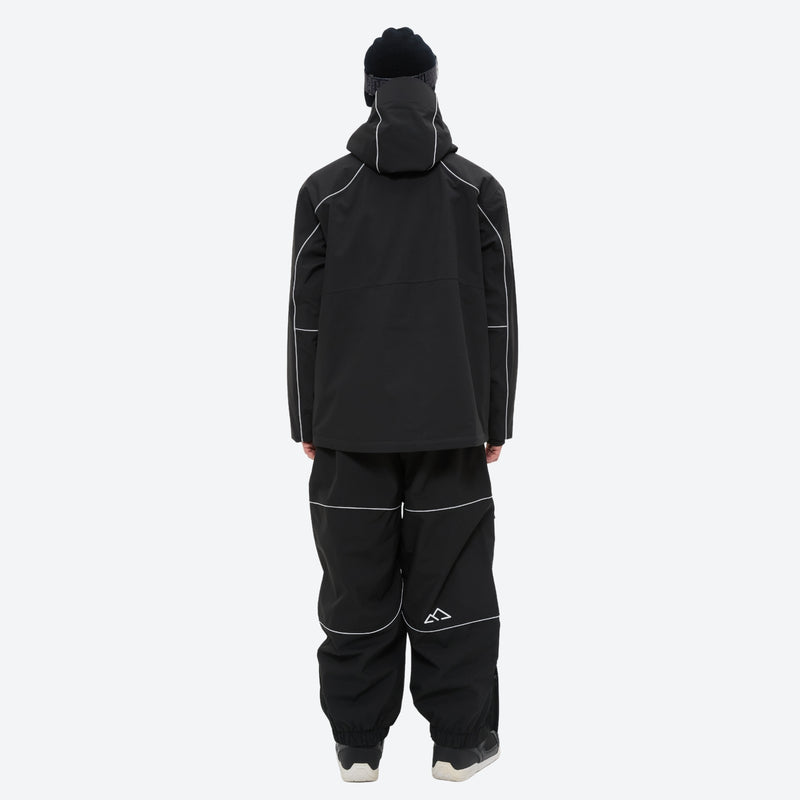 Men's reflective piping breathable ski jacket set - black jacket with black pants, for cold-weather winter sports