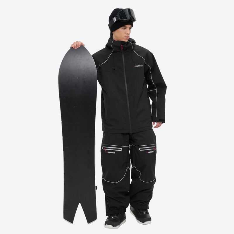 Men's 2-layer snowboard jacket and pants - black jacket with black pants, for powder and piste riding