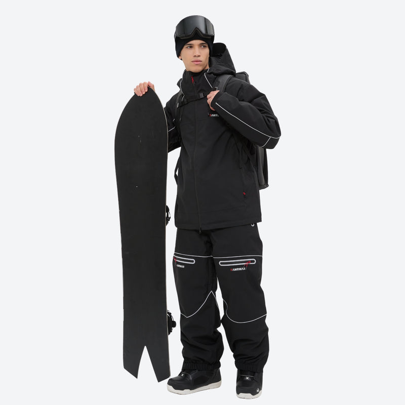 Men's waterproof 2L snow jacket and pants series - black jacket with black pants, for cold-weather winter sports