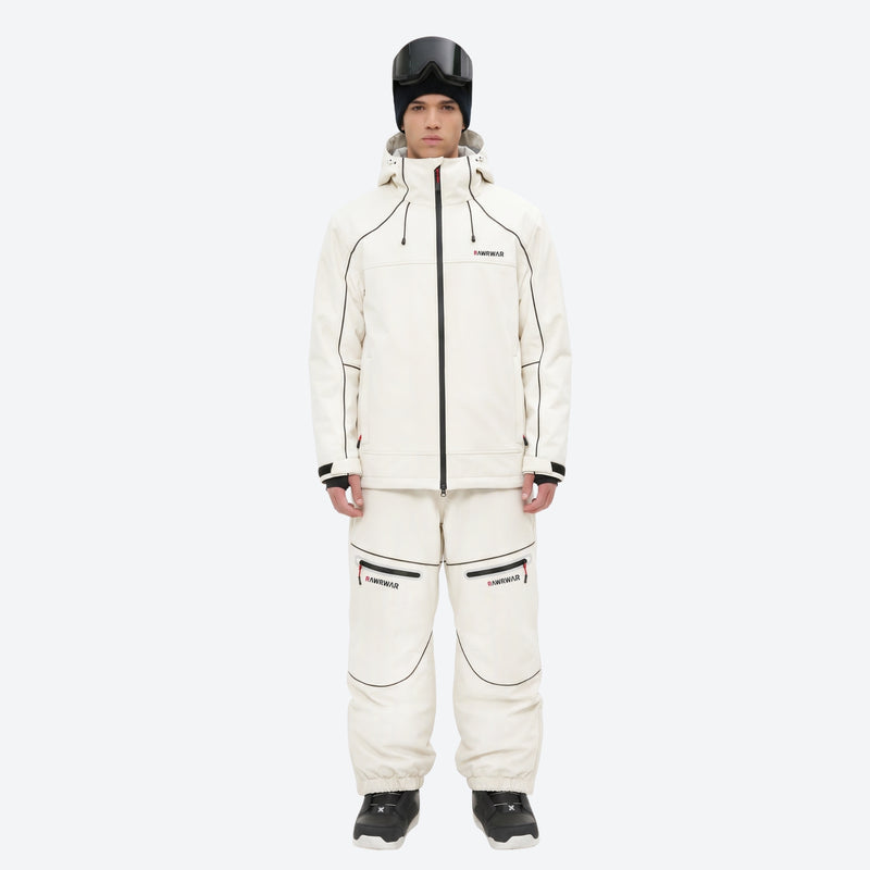 Men's 2-layer snowboard jacket and pants - white jacket with white pants, for cold-weather winter sports