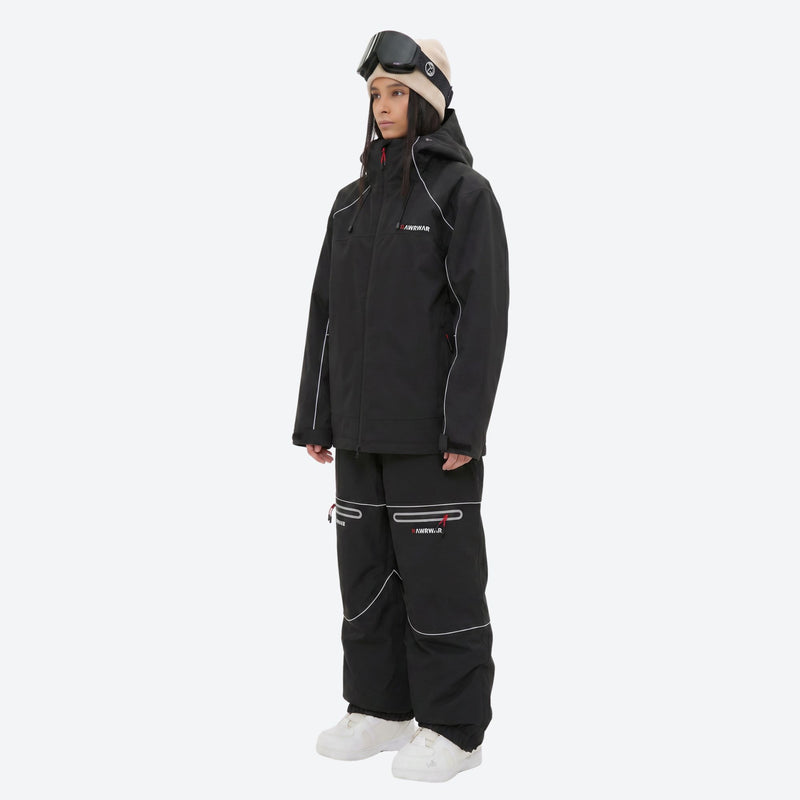 Women's breathable reflective piping ski jacket set - black jacket with black pants, for skiing and snowboarding