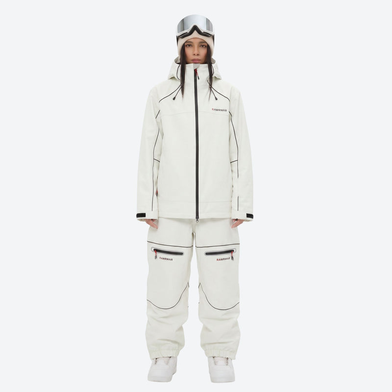 Women's waterproof 2L snow jacket and pants - white jacket with white pants, on-model front view, for resort and street wear