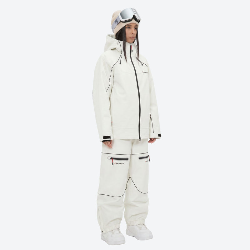 Women's breathable reflective piping ski jacket set - white jacket with white pants, for powder days and winter commute