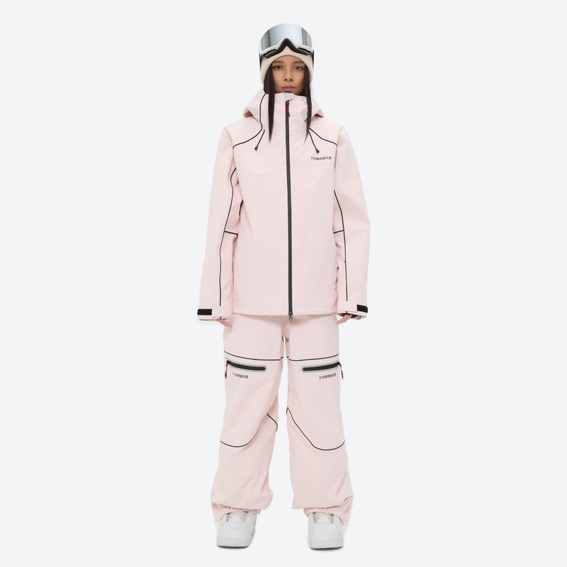 Women's 2-layer snowboard jacket and pants - pink jacket with pink pants, on-model front view, for cold-weather winter sports