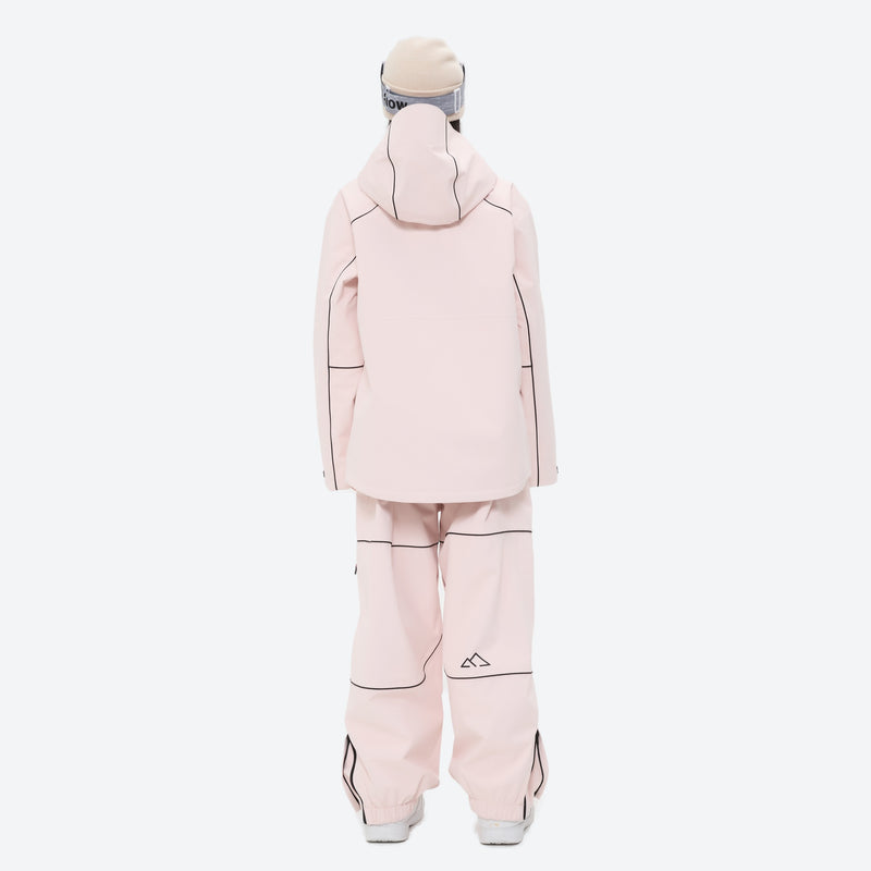 Women's breathable reflective piping ski jacket set - pink jacket with pink pants, for skiing and snowboarding